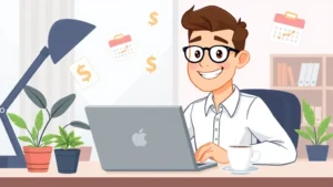 Cartoon professional freelancer working at desk with laptop, coffee cup, and plants, smiling confidently with floating dollar signs and calendar icons around them