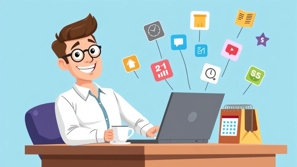 Cartoon professional freelancer sitting at desk with laptop, coffee cup, and calendar, smiling confidently with colorful icons floating around representing different skills and services