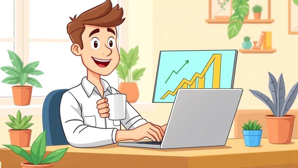 Cartoon freelancer working at laptop with coffee cup, laptop screen showing dollar signs and upward growth chart, bright workspace with plants, happy professional expression