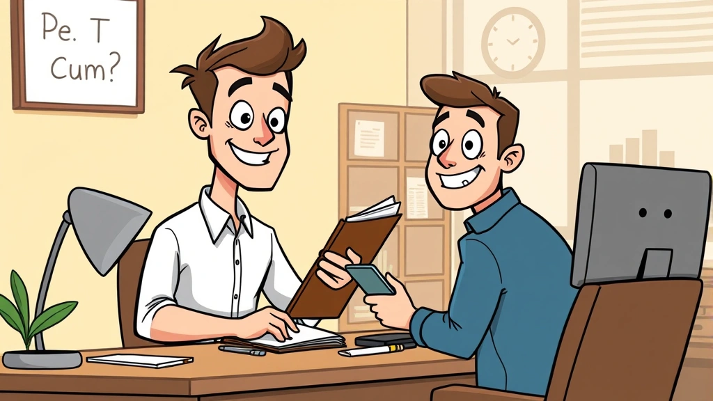 Cartoon professional confidently presenting portfolio to smiling client across desk, representing successful 1099 contractor pitching services and expertise