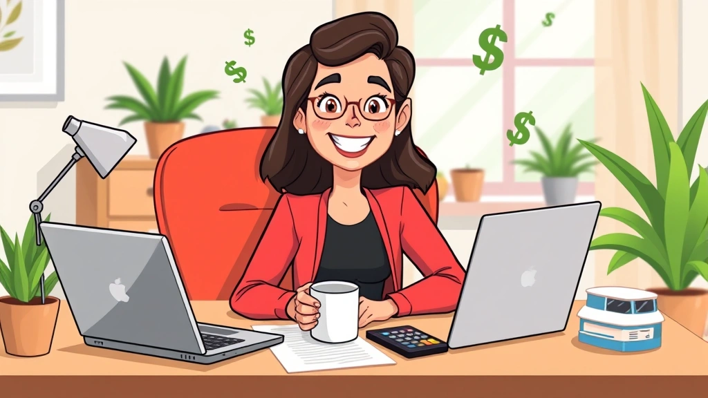 Cartoon freelancer sitting at desk with laptop, coffee cup, and calculator, smiling confidently with dollar signs floating around, professional home office setting with plants and window light