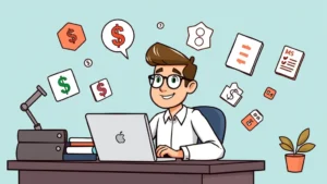 Cartoon illustration of a freelancer working confidently at a desk with a laptop, surrounded by floating icons representing different income streams, dollar signs, and project files, professional and optimistic mood