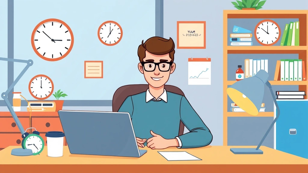 Cartoon illustration of a freelancer working on a laptop at a home desk with flexible hours, showing clocks, calendars, and coffee cup, bright professional colors, no text