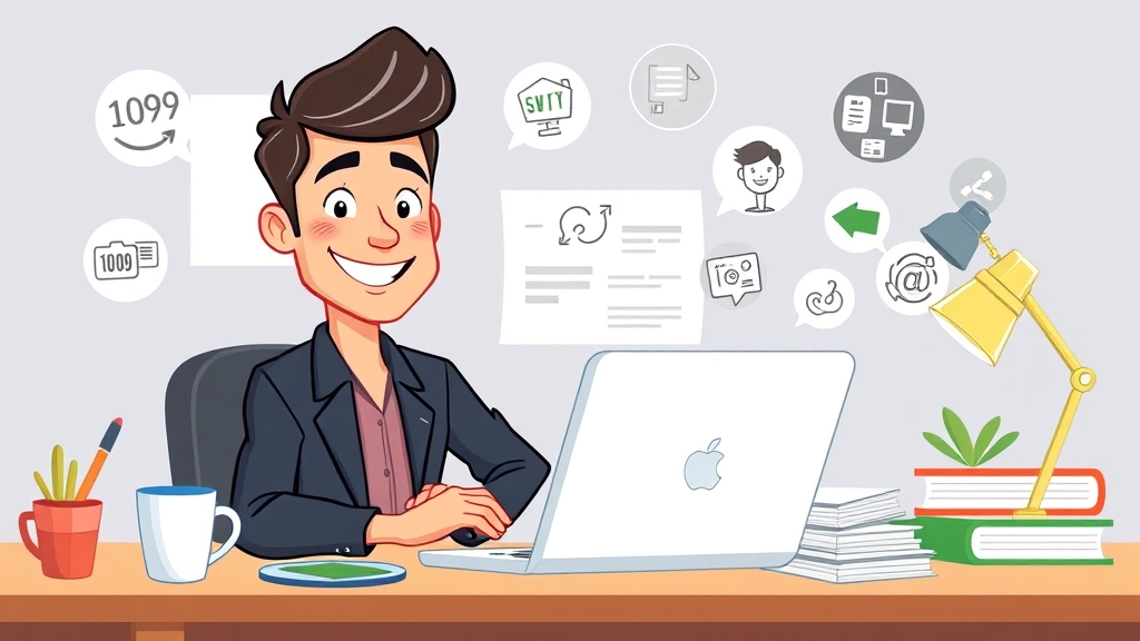 Cartoon professional freelancer working at desk with laptop, coffee cup, and multiple project files, smiling confidently with digital icons floating around representing different 1099 job categories like coding, design, and marketing