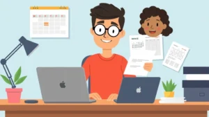 Cartoon illustration of diverse freelancer sitting at desk with laptop, calendar, and invoice documents, representing independent contractor planning and organization