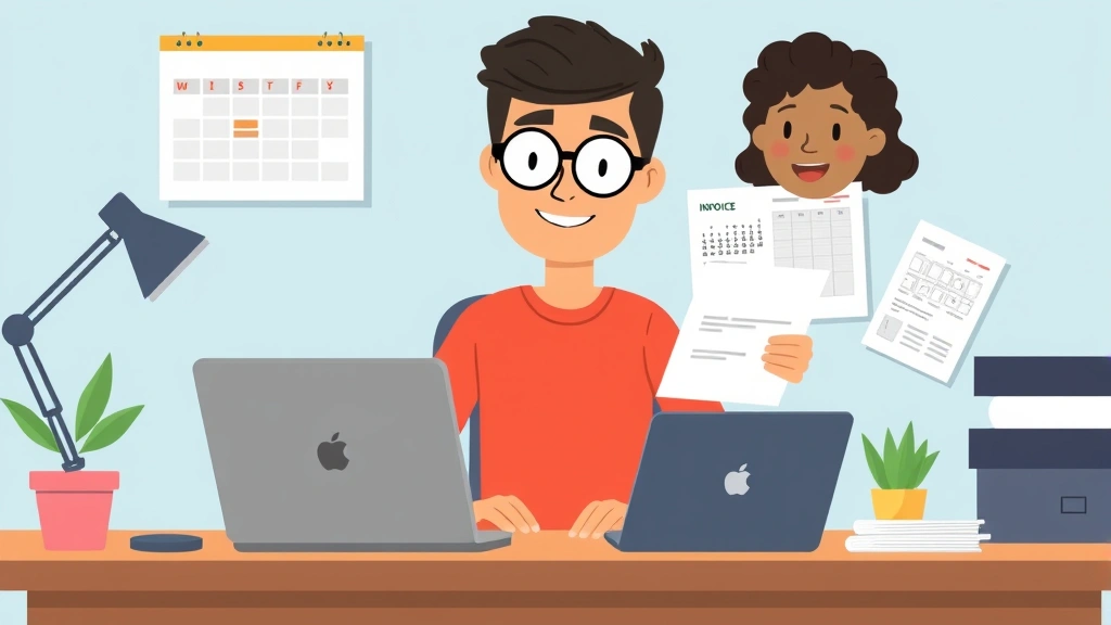 Cartoon illustration of diverse freelancer sitting at desk with laptop, calendar, and invoice documents, representing independent contractor planning and organization