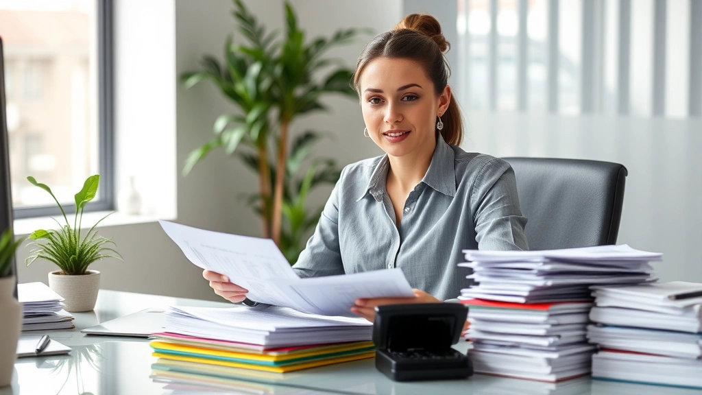 Professional woman at desk reviewing colorful tax forms and calculator, stacks of organized financial documents, confident expression, modern office setting with plant