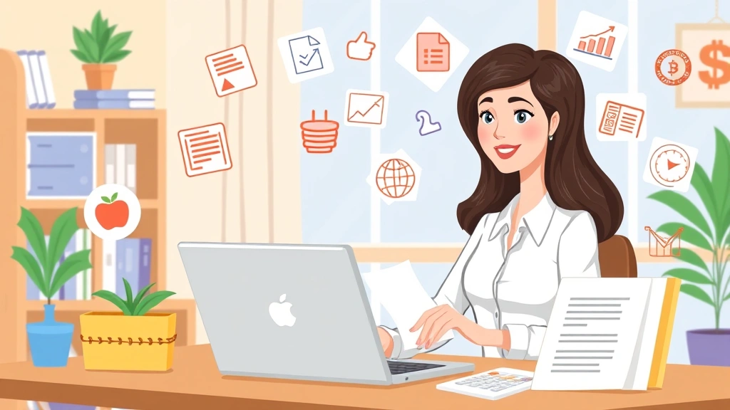 Professional woman working at laptop with calculator and documents, surrounded by digital payment icons and contract symbols, cartoon style, bright colors, home office setting