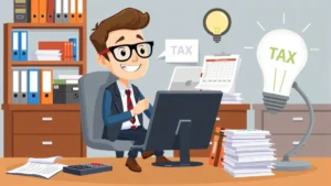 Cartoon professional sitting at desk with calculator, spreadsheet, and tax documents, surrounded by filing folders and a lightbulb showing tax savings ideas