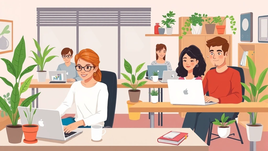 Cartoon illustration of diverse professionals working independently at laptops and desks in a modern home office setting with plants, coffee cups, and digital tools visible