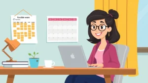 Cartoon illustration of a freelancer working at home desk with laptop, coffee cup, and calendar on wall showing flexible schedule options, bright colors, professional casual style