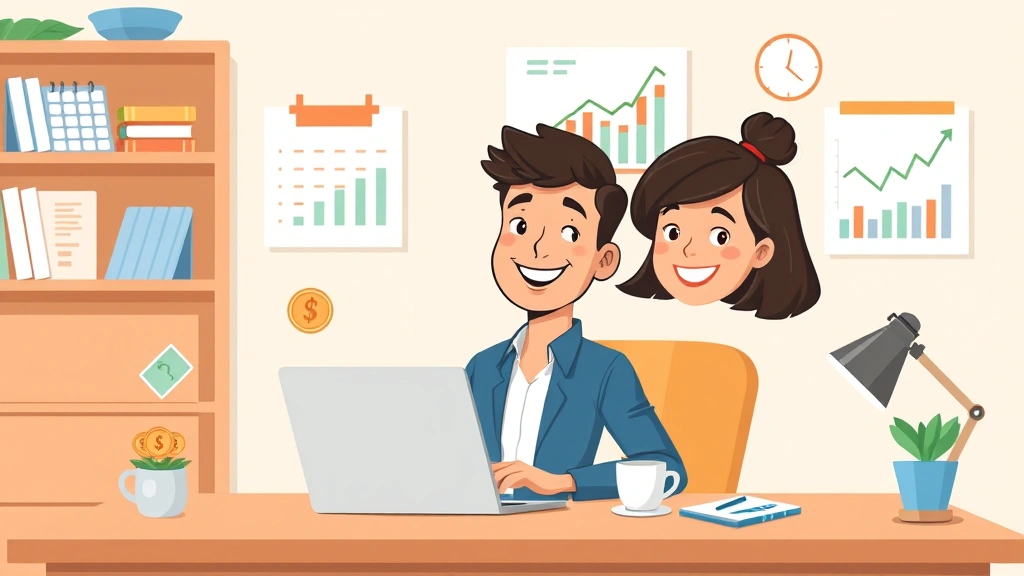 Cartoon professional sitting at home desk with laptop, coffee cup, calendar, and financial charts on wall, smiling confidently with freelance project icons floating around