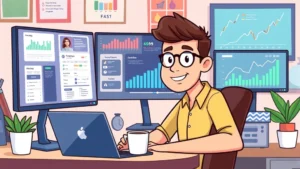 Cartoon freelancer at desk with multiple computer screens showing client projects and income charts, coffee cup nearby, happy focused expression, colorful modern workspace