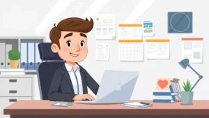 Cartoon professional sitting at desk with laptop, multiple project folders and calendar visible, coffee cup and notebook nearby, modern office environment