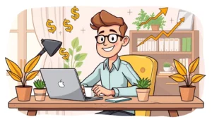 Cartoon professional freelancer sitting at home desk with laptop, coffee cup, and plants, smiling confidently with dollar signs and growth arrows floating around