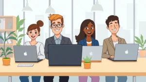 Cartoon illustration of diverse professionals working independently on laptops and tablets in a modern workspace, representing 1099 contractor freedom and flexibility with happy expressions