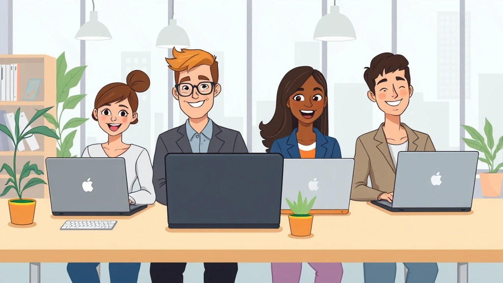 Cartoon illustration of diverse professionals working independently on laptops and tablets in a modern workspace, representing 1099 contractor freedom and flexibility with happy expressions
