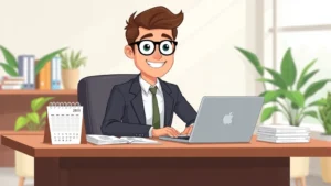 Cartoon professional sitting at desk with laptop, calendar, and invoices around them, wearing business casual attire, modern office background with plants and natural light