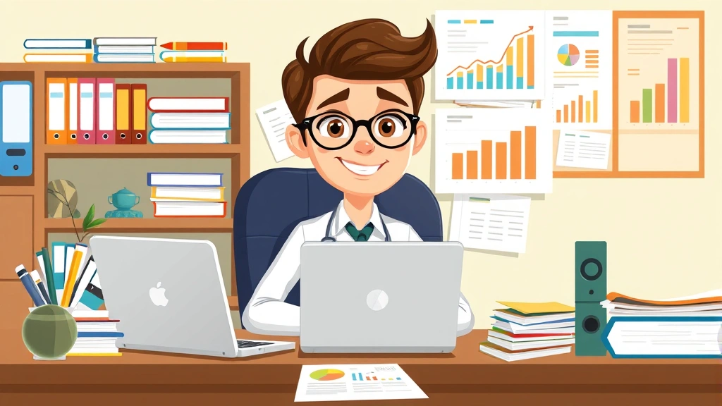 Cartoon professional sitting at organized desk with laptop, calculator, and filing system, surrounded by colorful tax documents and financial charts, confident expression
