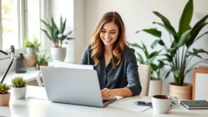 Professional woman sitting at home office desk with laptop, smiling while reviewing contract documents, modern workspace with plants and natural lighting