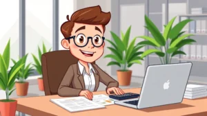Cartoon professional sitting at desk with laptop, calculator, and tax documents, confident expression, modern office environment with plants and natural light