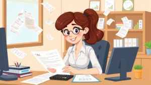 Cartoon professional woman sitting at desk reviewing tax documents and calculator, surrounded by floating receipts and financial charts, cheerful office environment