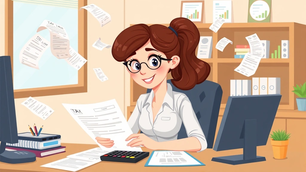 Cartoon professional woman sitting at desk reviewing tax documents and calculator, surrounded by floating receipts and financial charts, cheerful office environment