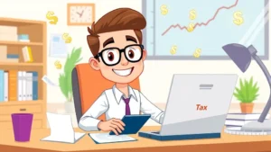 Cartoon professional sitting at desk with laptop, calculator, and tax documents, surrounded by floating financial charts and dollar signs, bright workspace, confident expression