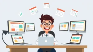 Cartoon professional sitting at desk with multiple laptop screens showing different client projects, juggling tasks with a smile, colorful calendar and invoices floating around