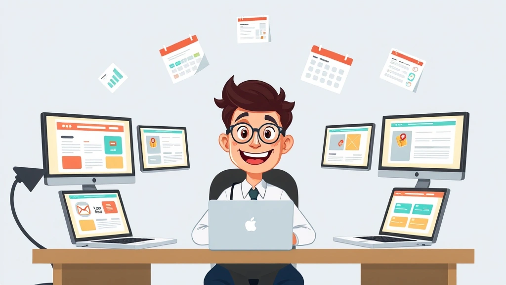 Cartoon professional sitting at desk with multiple laptop screens showing different client projects, juggling tasks with a smile, colorful calendar and invoices floating around