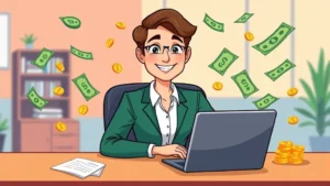 Cartoon professional sitting at desk with laptop, multiple income streams shown as floating coins and dollar bills around them, smiling confidently, colorful modern office background, no text
