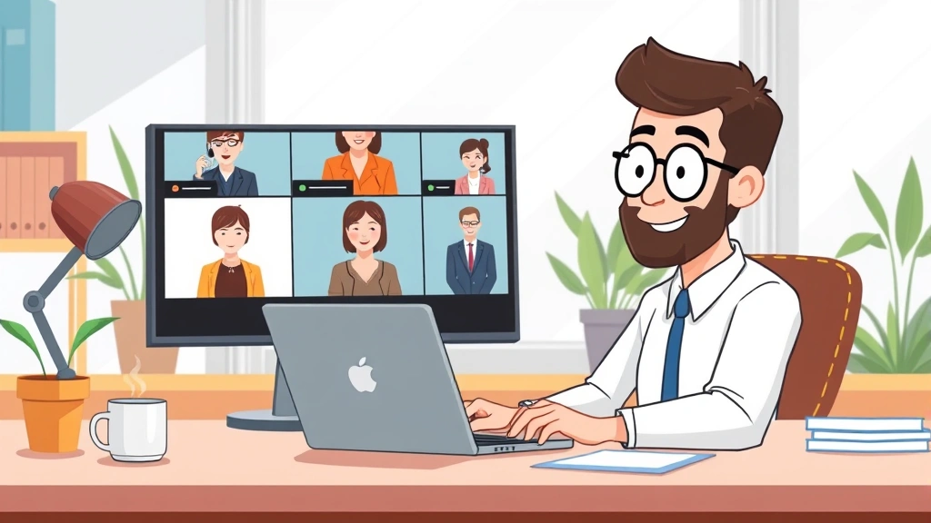 Cartoon professional sitting at desk with laptop, multiple client video calls on screen, coffee cup nearby, bright home office setting with plants and window