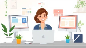 Cartoon professional woman sitting at desk with multiple computer screens showing different client projects, smiling while juggling work tasks, freelance workspace aesthetic with plants