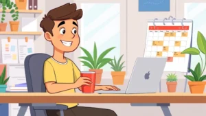 Cartoon freelancer sitting at desk with laptop, coffee mug, and calendar showing flexible schedule, bright workspace with plants, happy expression