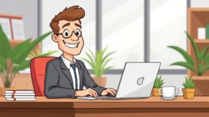 Cartoon professional freelancer working at desk with laptop, smiling confidently, holding a contract document, modern office setting with plants and coffee cup