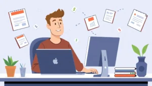 Freelancer working at desk with laptop, surrounded by floating icons representing invoices, calendar, dollar signs, and contract documents in cartoon style