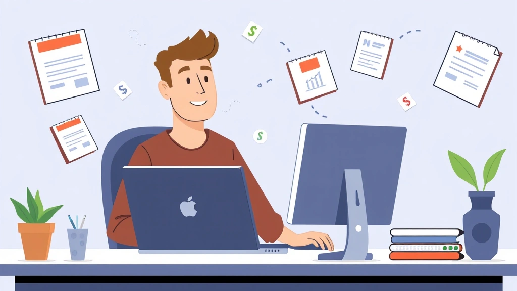 Freelancer working at desk with laptop, surrounded by floating icons representing invoices, calendar, dollar signs, and contract documents in cartoon style
