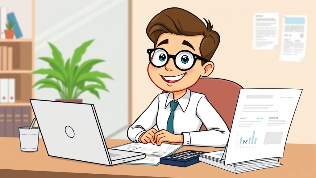Cartoon professional sitting at desk with laptop, calculator, and documents, smiling confidently while organizing paperwork and financial records