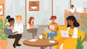 Cartoon illustration of diverse professionals working on laptops and tablets remotely from coffee shops and home offices, representing independent contractor flexibility and freedom