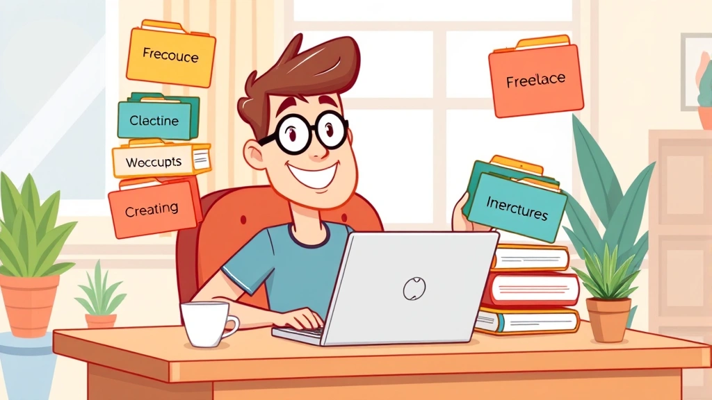 Cartoon freelancer sitting at desk with laptop, juggling multiple client folders in colorful boxes, smiling confidently with coffee cup nearby, bright workspace with plants