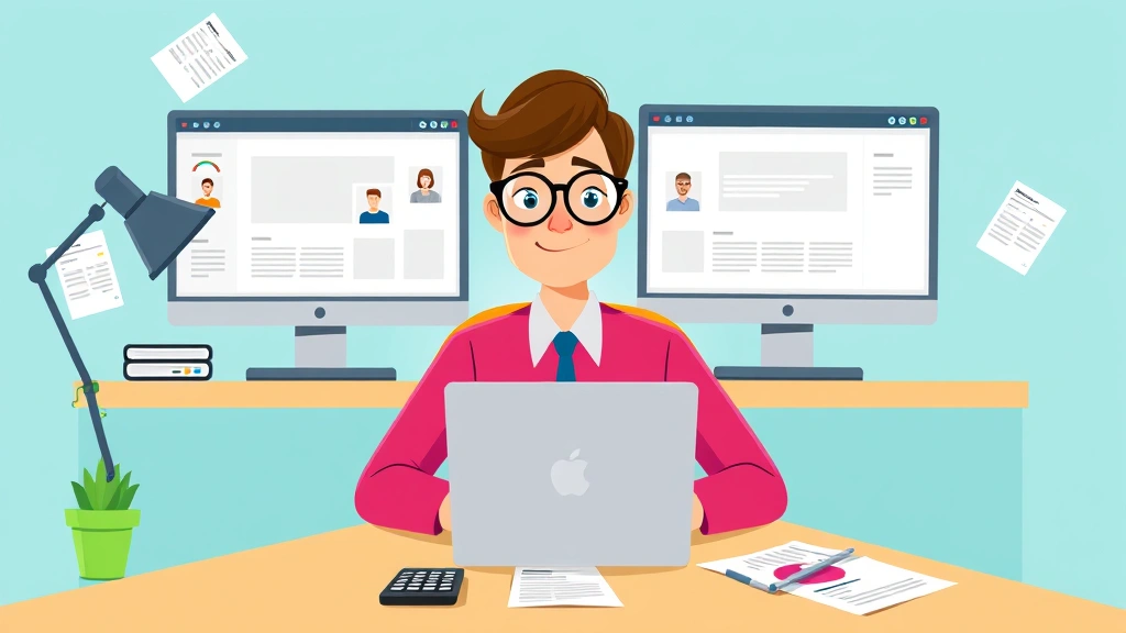 Cartoon professional sitting at desk with laptop, multiple client windows on screen, calculator and invoice papers scattered around, bright colors showing independence and control