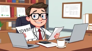 Cartoon financial advisor with glasses holding a document labeled '1099' sitting at desk with calculator, laptop, and coffee cup, professional office setting