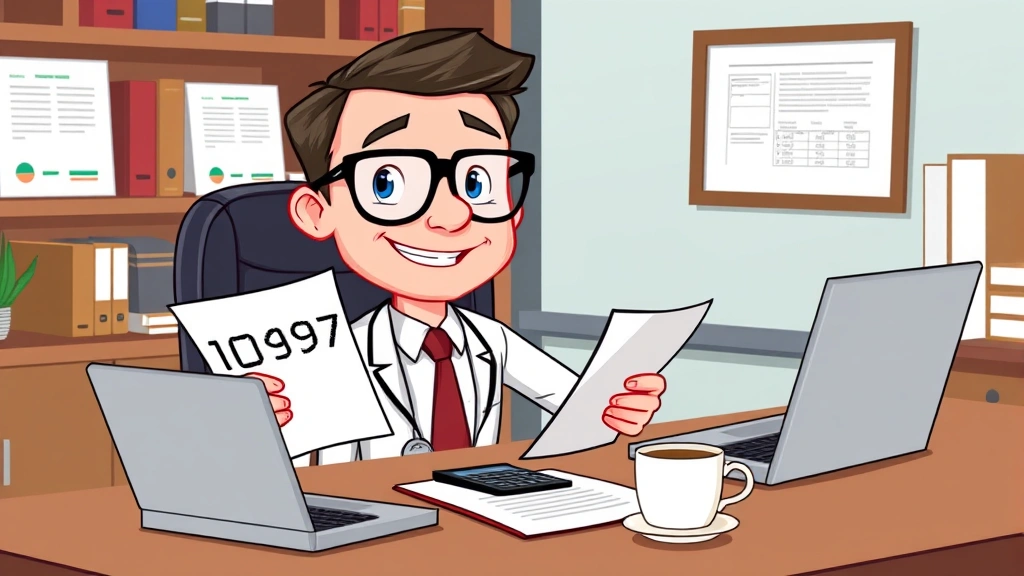 Cartoon financial advisor with glasses holding a document labeled '1099' sitting at desk with calculator, laptop, and coffee cup, professional office setting