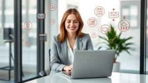 Professional woman sitting at modern desk with laptop, smiling confidently, surrounded by digital icons representing different contract work like coding, writing, and design floating above