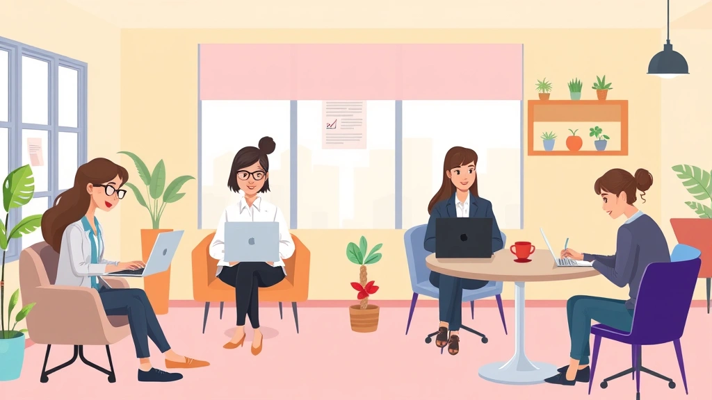 Diverse professionals working independently on laptops and documents in bright, modern spaces, some remote at home, others in cafes, representing flexibility and autonomy of contract work, cartoon style