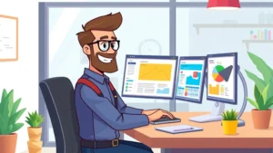 Cartoon professional contractor working at laptop with multiple project windows open, colorful interface elements, modern office desk setup, energetic and productive atmosphere