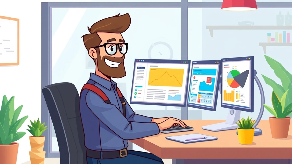Cartoon professional contractor working at laptop with multiple project windows open, colorful interface elements, modern office desk setup, energetic and productive atmosphere