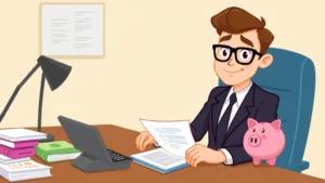 Cartoon professional sitting at desk with calculator, documents, and piggy bank, looking confident about managing taxes and finances