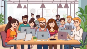 A diverse group of professionals working remotely on laptops and tablets in modern coworking spaces, looking confident and productive, cartoon style illustration