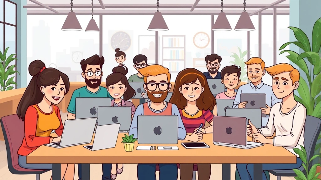 A diverse group of professionals working remotely on laptops and tablets in modern coworking spaces, looking confident and productive, cartoon style illustration